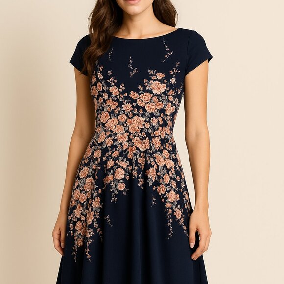 Teeze Me Fit & Flare Dress Size 3/4 Navy and Floral Print EUC - Picture 1 of 9